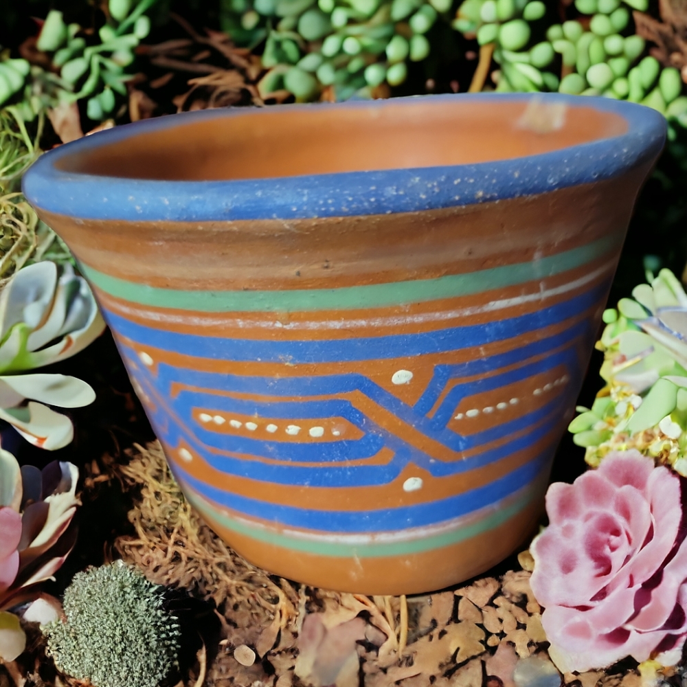 Vtg Red Clay Pottery Mexico Planter Pot Handmade Geometric Design #8874 Signed - Picture 2 of 7